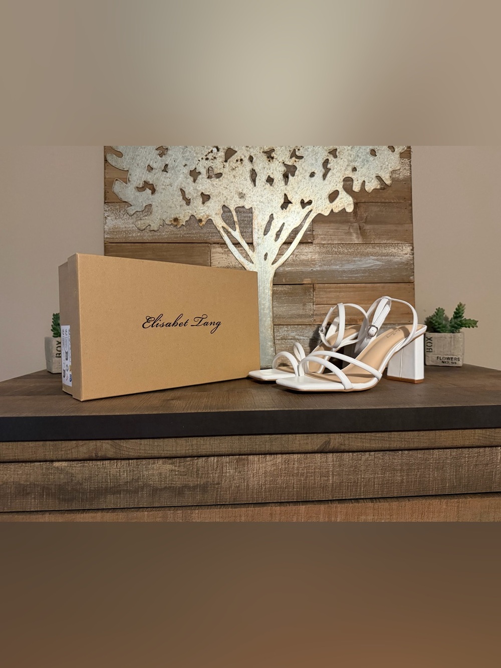 Elisabet Tang Square Open Toe Strappy Ankle 3" Block Heel Sandals in White 9.5